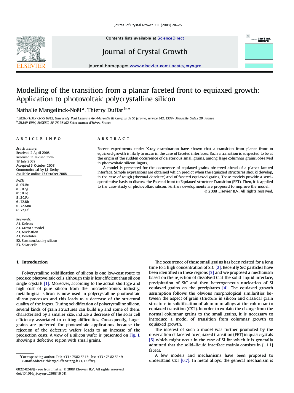 Modelling of the transition from a planar faceted front to equiaxed growth: Application to photovoltaic polycrystalline silicon