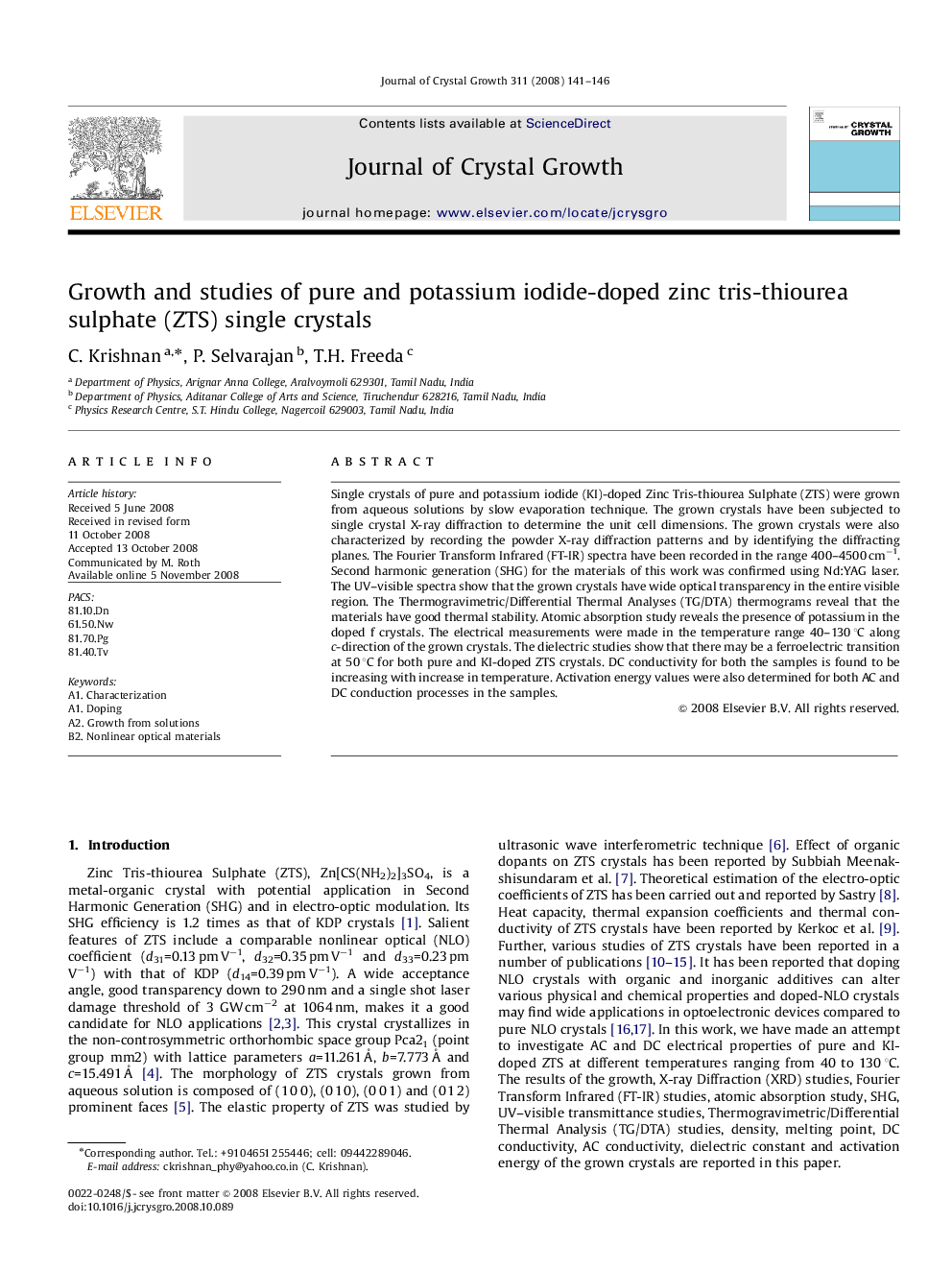 Growth and studies of pure and potassium iodide-doped zinc tris-thiourea sulphate (ZTS) single crystals