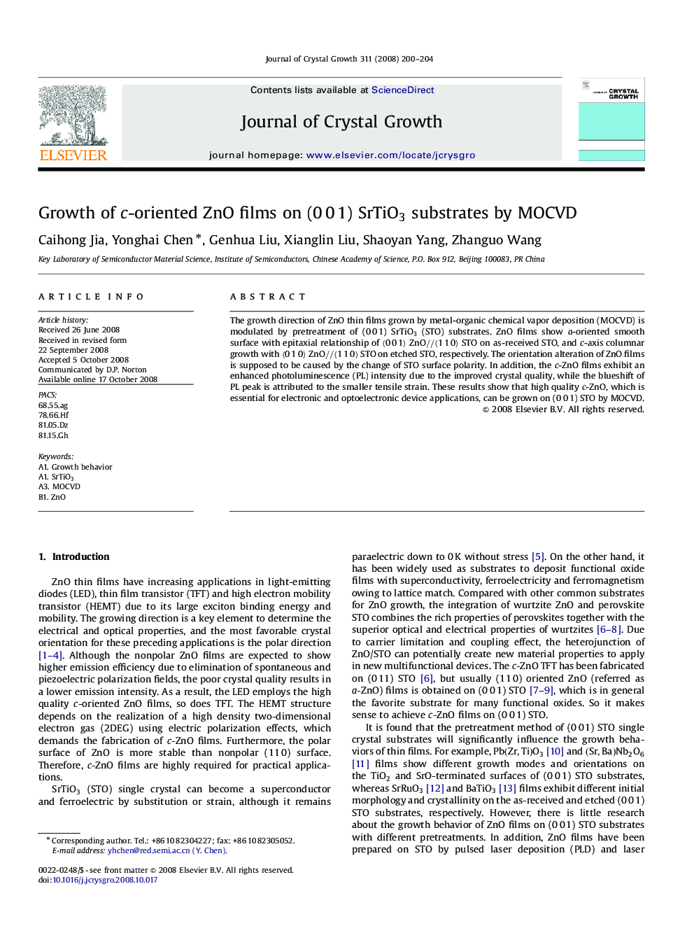 Growth of c-oriented ZnO films on (0Â 0Â 1) SrTiO3 substrates by MOCVD