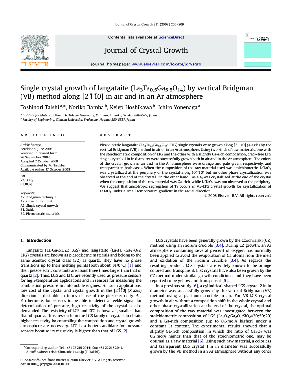 Single crystal growth of langataite (La3Ta0.5Ga5.5O14) by vertical Bridgman (VB) method along [2 1¯ 1¯0] in air and in an Ar atmosphere