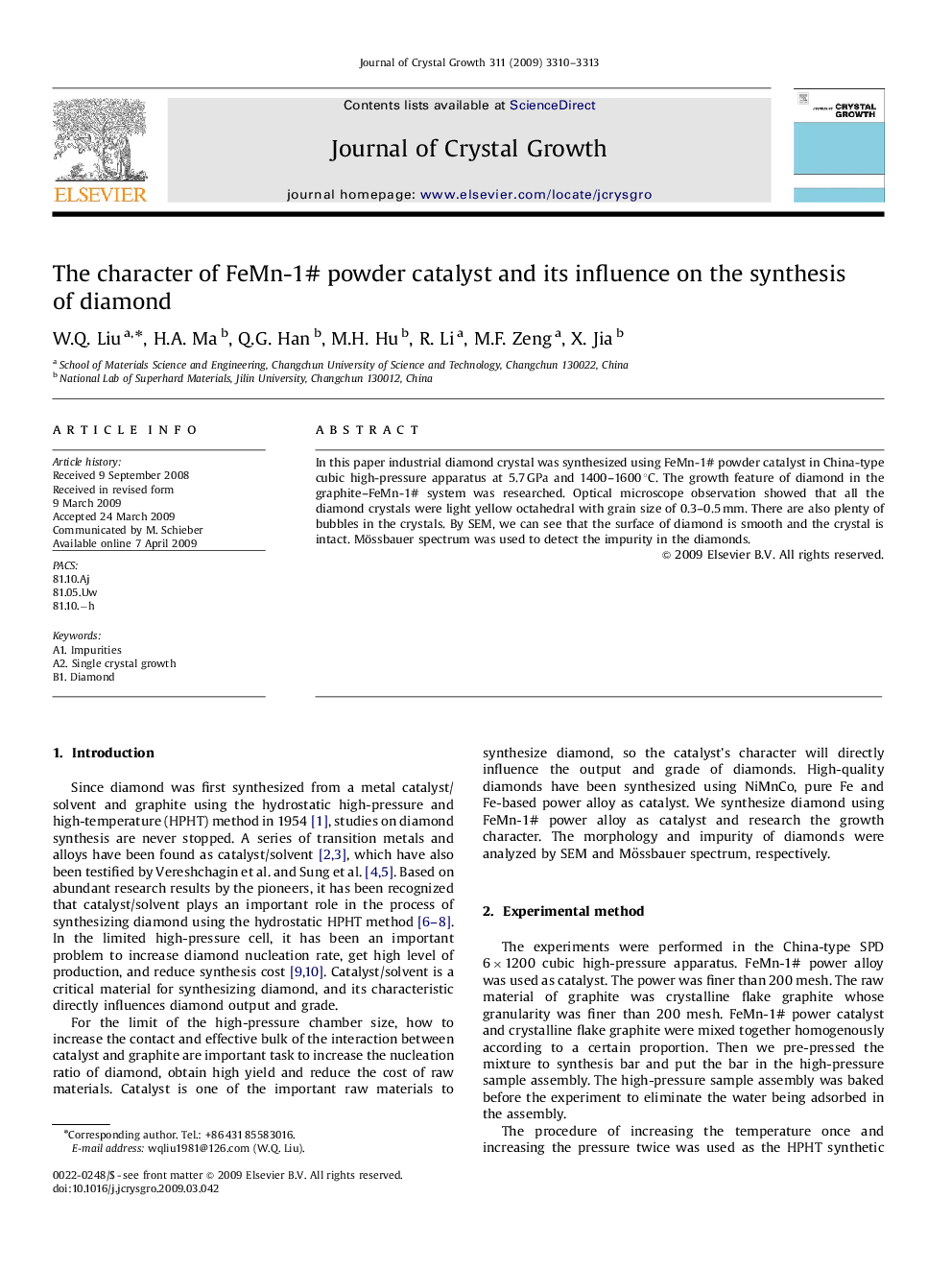 The character of FeMn-1# powder catalyst and its influence on the synthesis of diamond