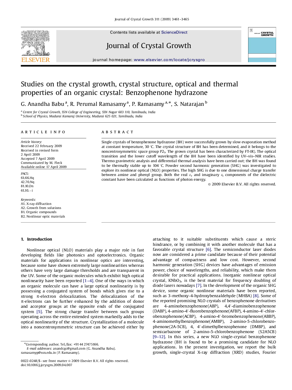 Studies on the crystal growth, crystal structure, optical and thermal properties of an organic crystal: Benzophenone hydrazone