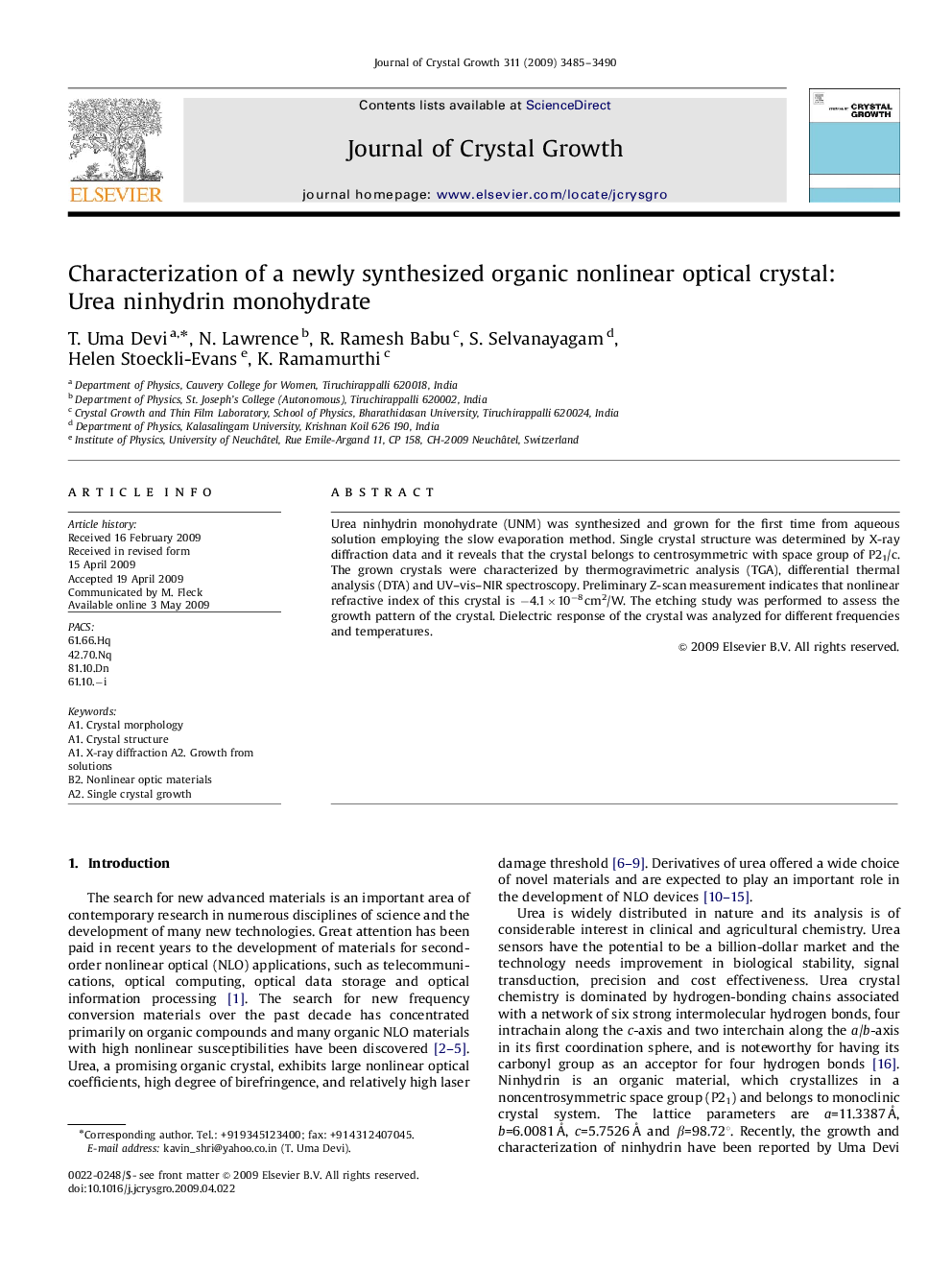 Characterization of a newly synthesized organic nonlinear optical crystal: Urea ninhydrin monohydrate