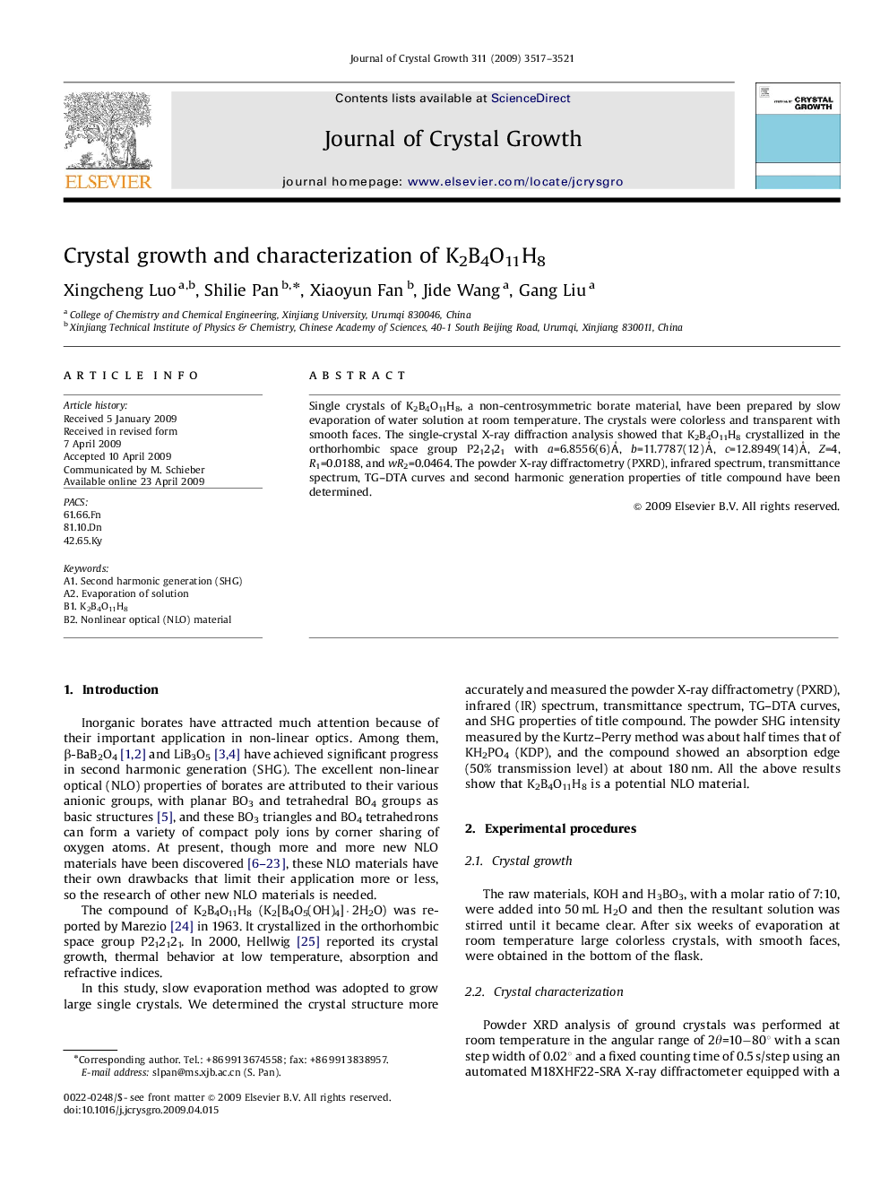 Crystal growth and characterization of K2B4O11H8