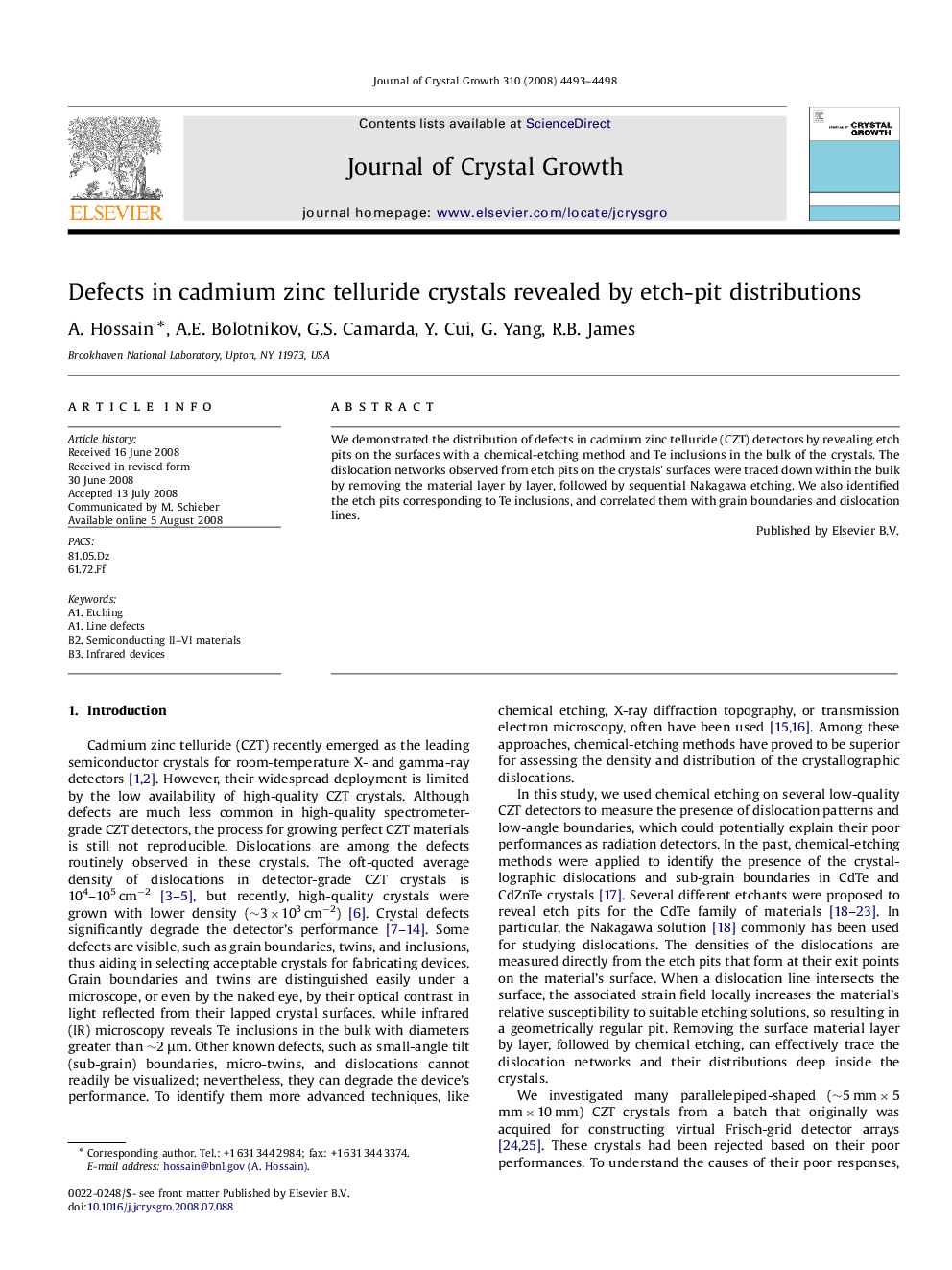 Defects in cadmium zinc telluride crystals revealed by etch-pit distributions