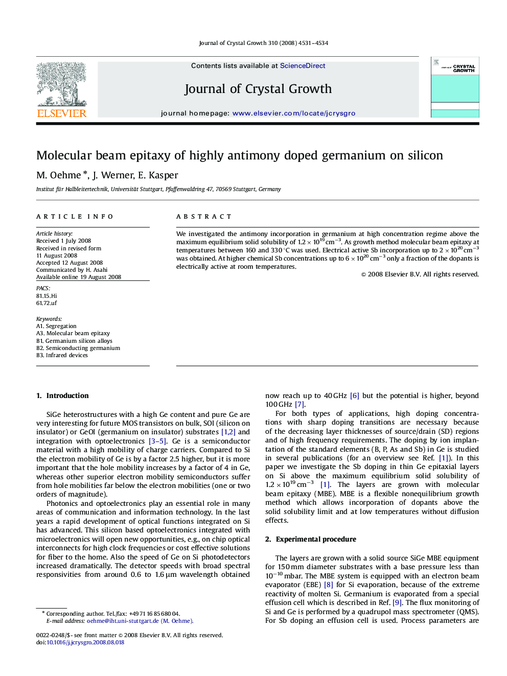 Molecular beam epitaxy of highly antimony doped germanium on silicon