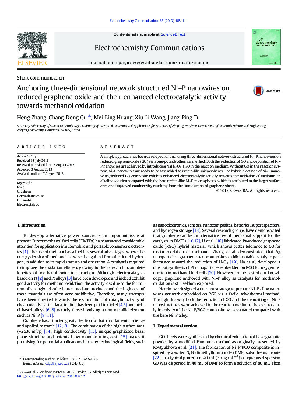 Anchoring three-dimensional network structured Ni–P nanowires on reduced graphene oxide and their enhanced electrocatalytic activity towards methanol oxidation