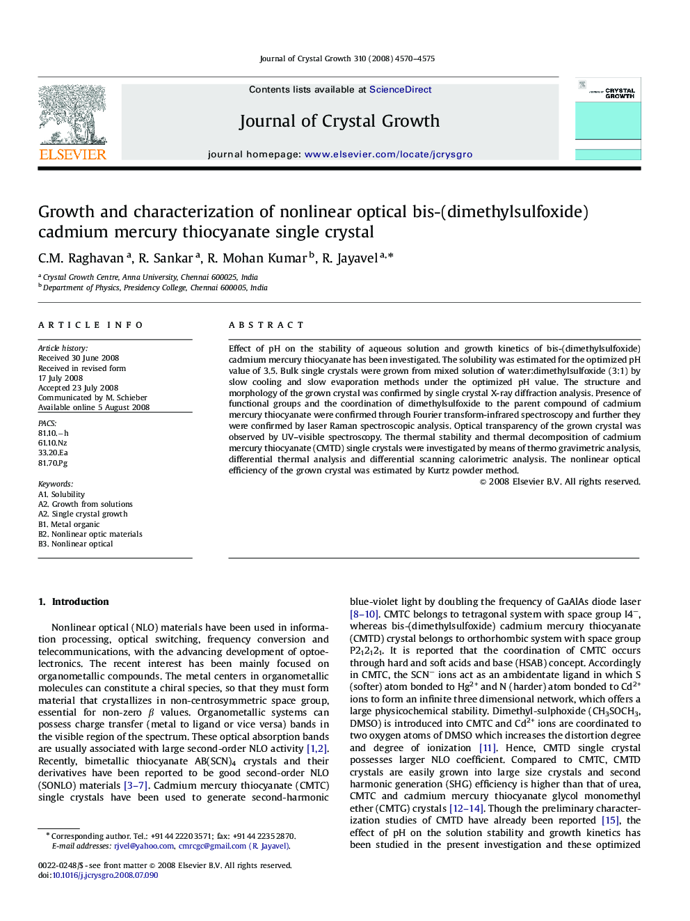 Growth and characterization of nonlinear optical bis-(dimethylsulfoxide) cadmium mercury thiocyanate single crystal