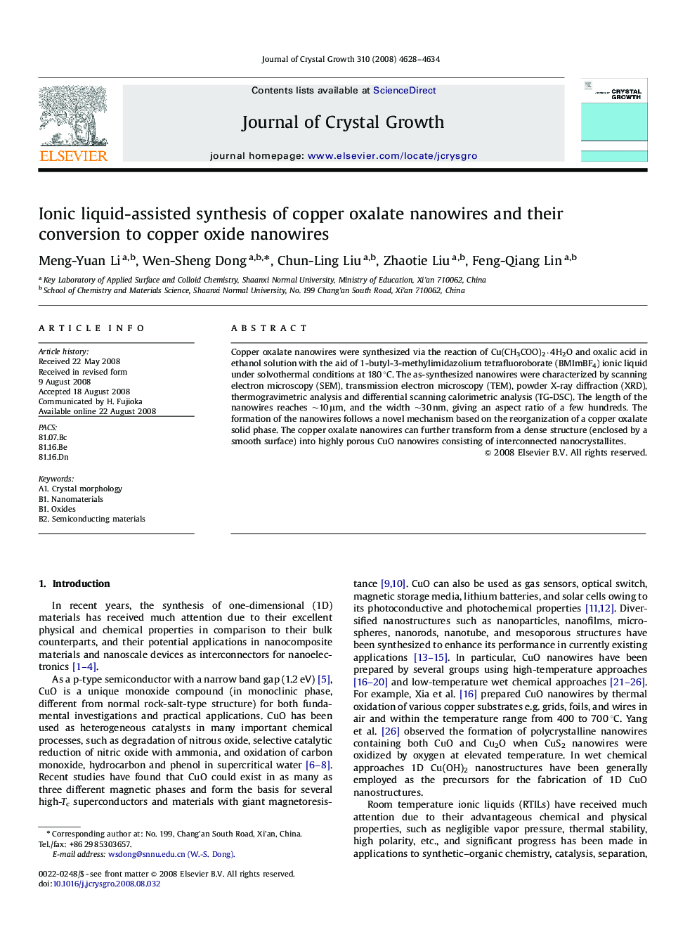 Ionic liquid-assisted synthesis of copper oxalate nanowires and their conversion to copper oxide nanowires