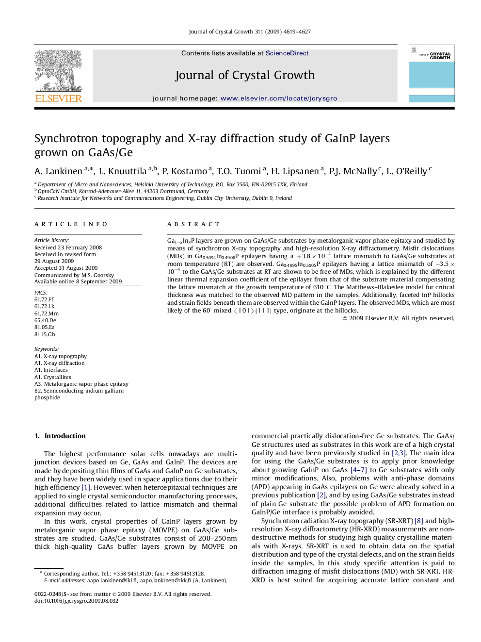 Synchrotron topography and X-ray diffraction study of GaInP layers grown on GaAs/Ge