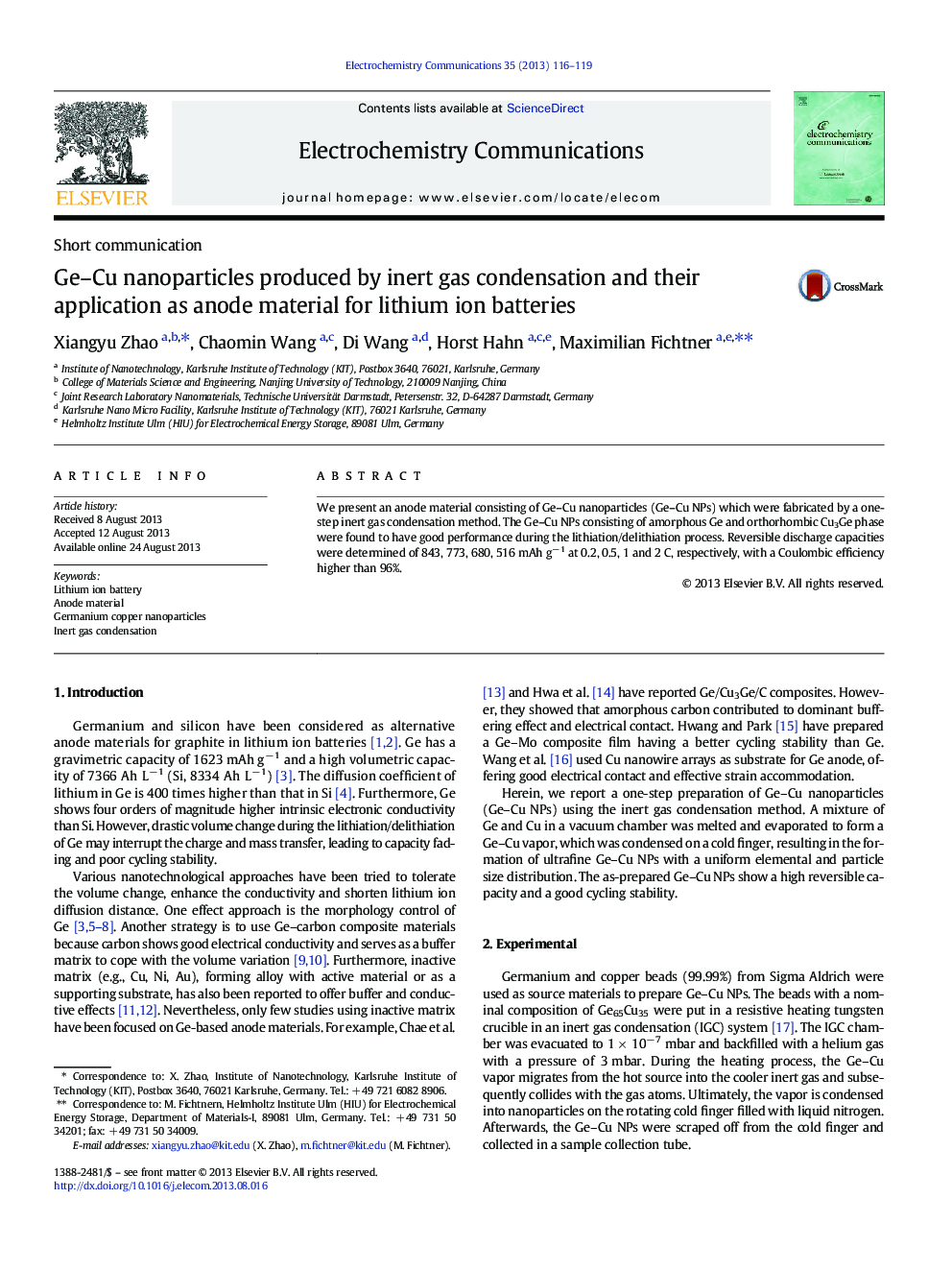 Ge–Cu nanoparticles produced by inert gas condensation and their application as anode material for lithium ion batteries