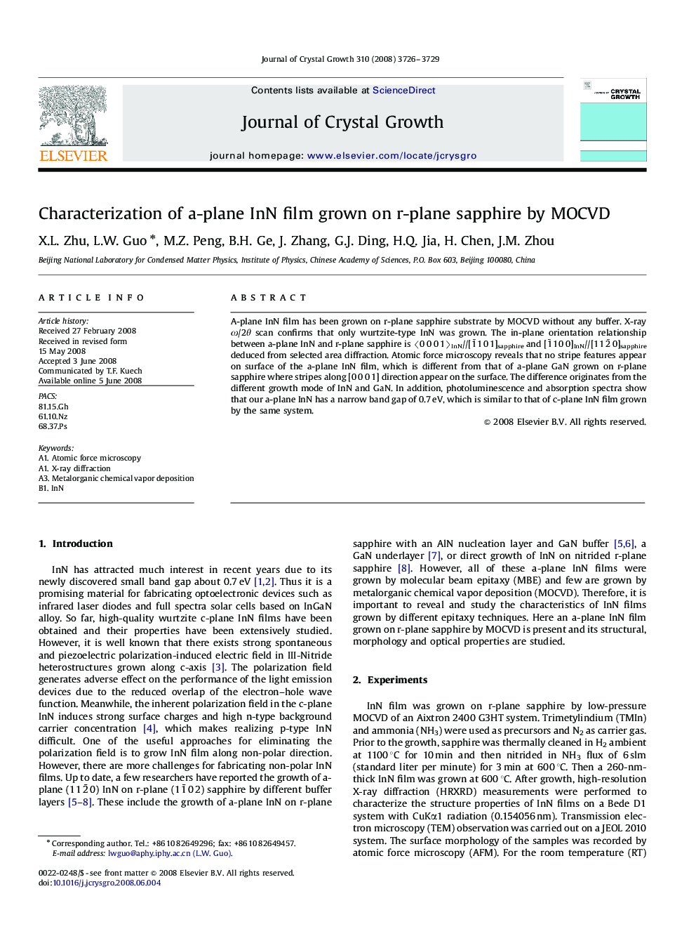 Characterization of a-plane InN film grown on r-plane sapphire by MOCVD