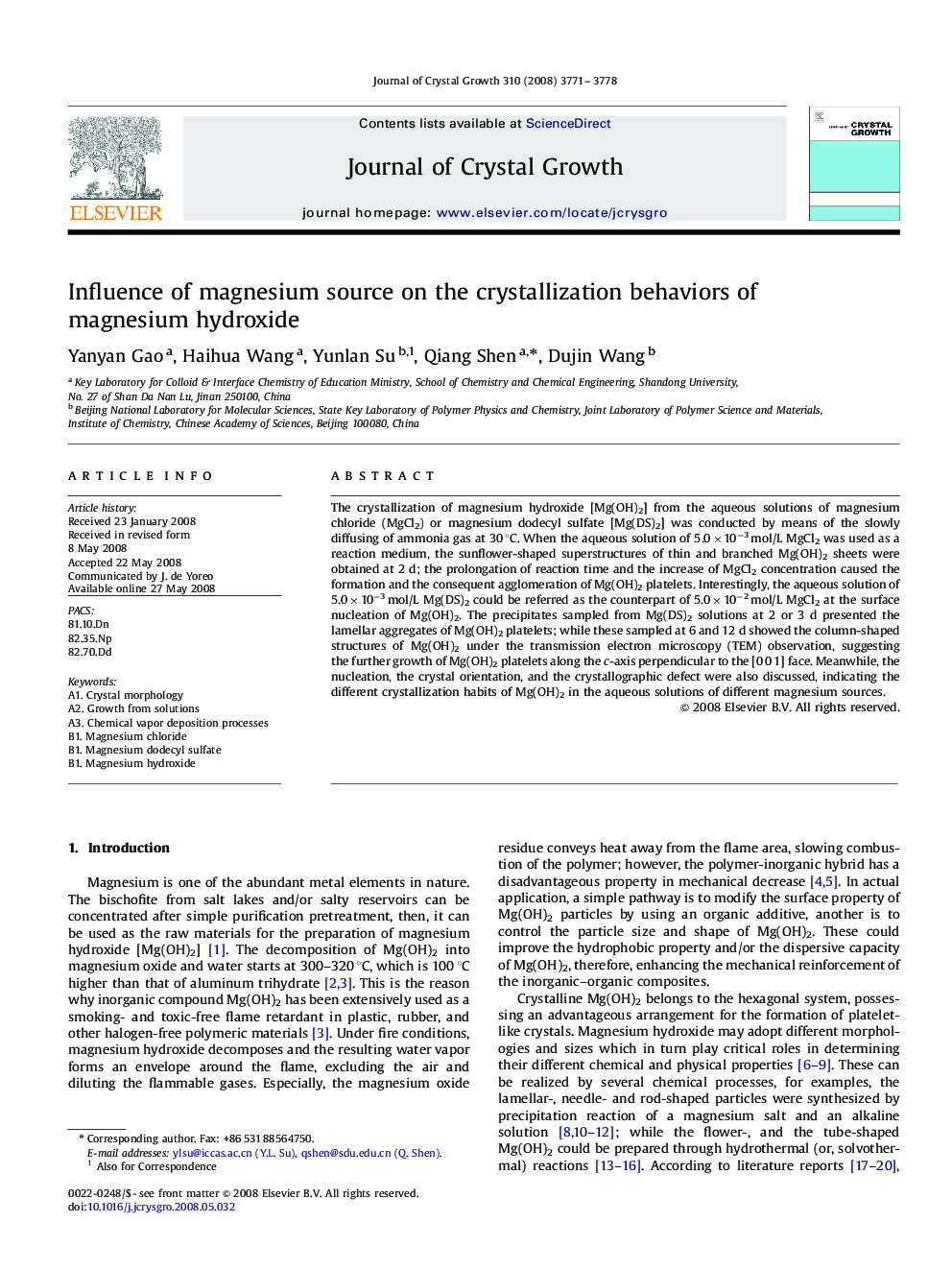 Influence of magnesium source on the crystallization behaviors of magnesium hydroxide
