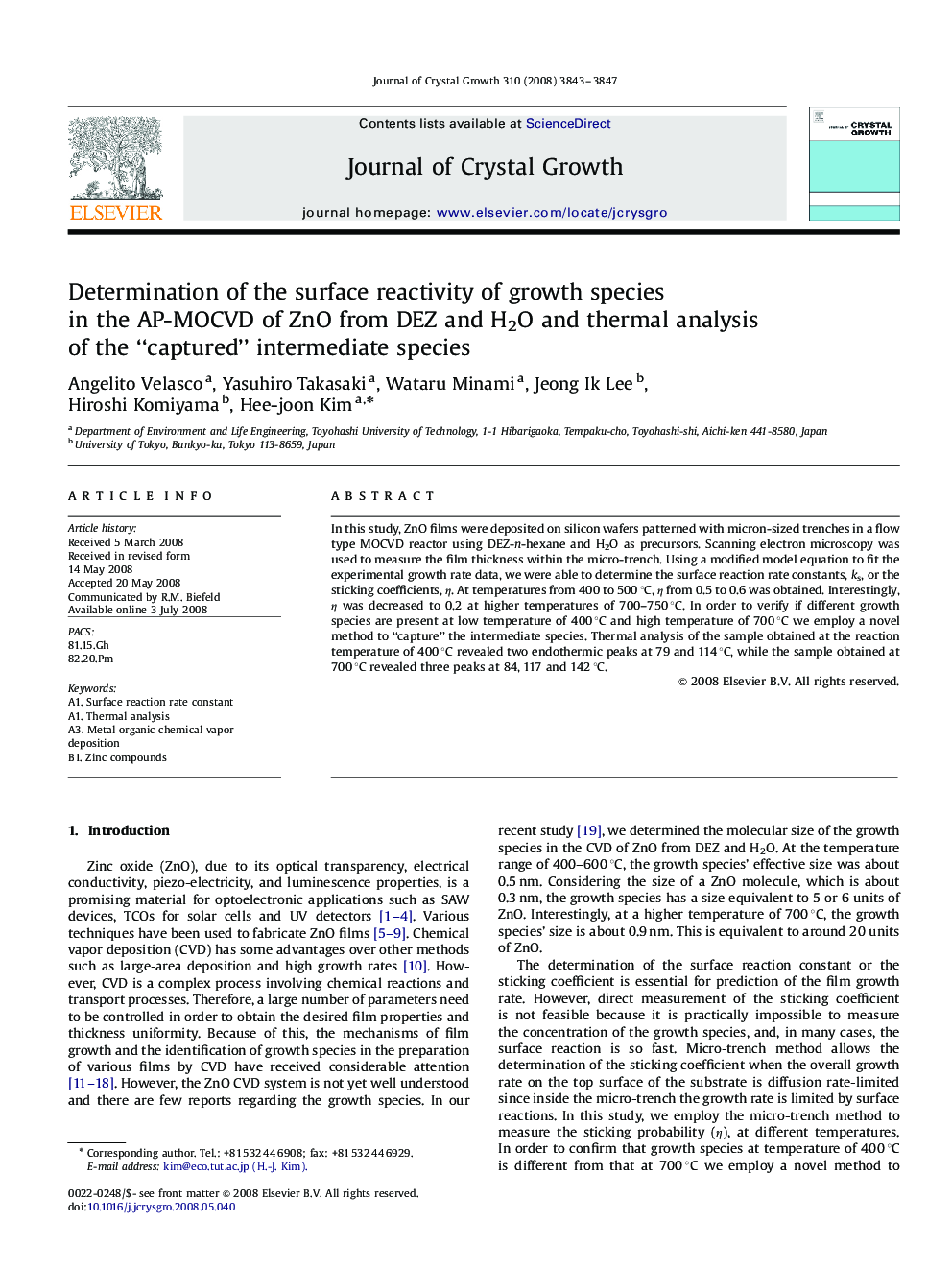 Determination of the surface reactivity of growth species in the AP-MOCVD of ZnO from DEZ and H2O and thermal analysis of the “captured” intermediate species