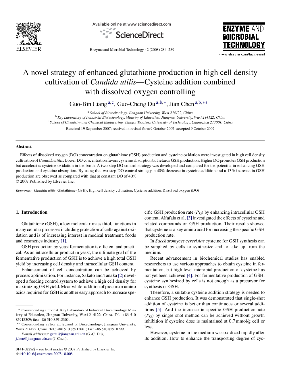 A novel strategy of enhanced glutathione production in high cell density cultivation of Candida utilis—Cysteine addition combined with dissolved oxygen controlling