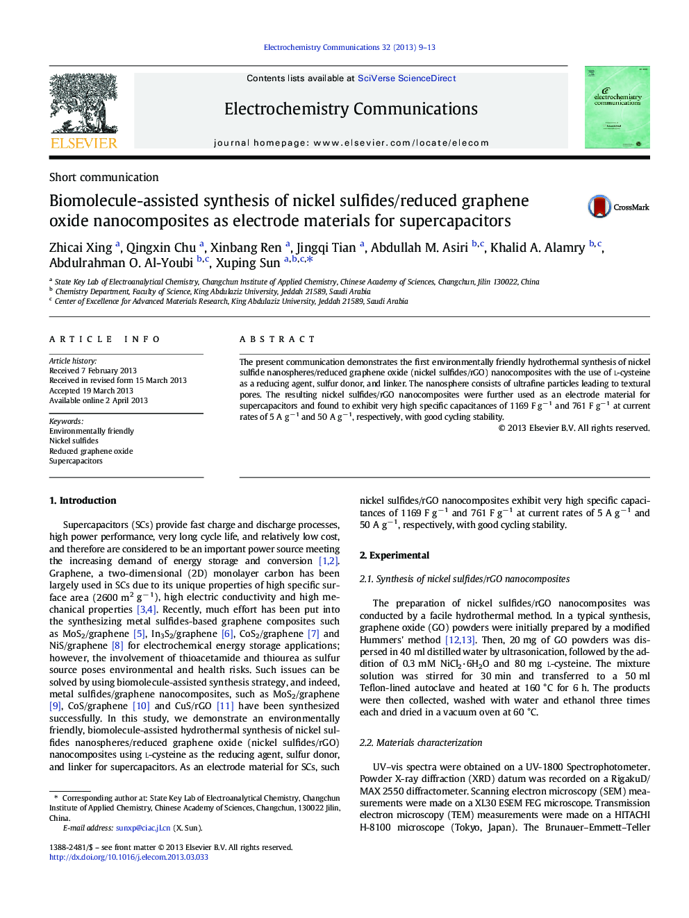 Biomolecule-assisted synthesis of nickel sulfides/reduced graphene oxide nanocomposites as electrode materials for supercapacitors