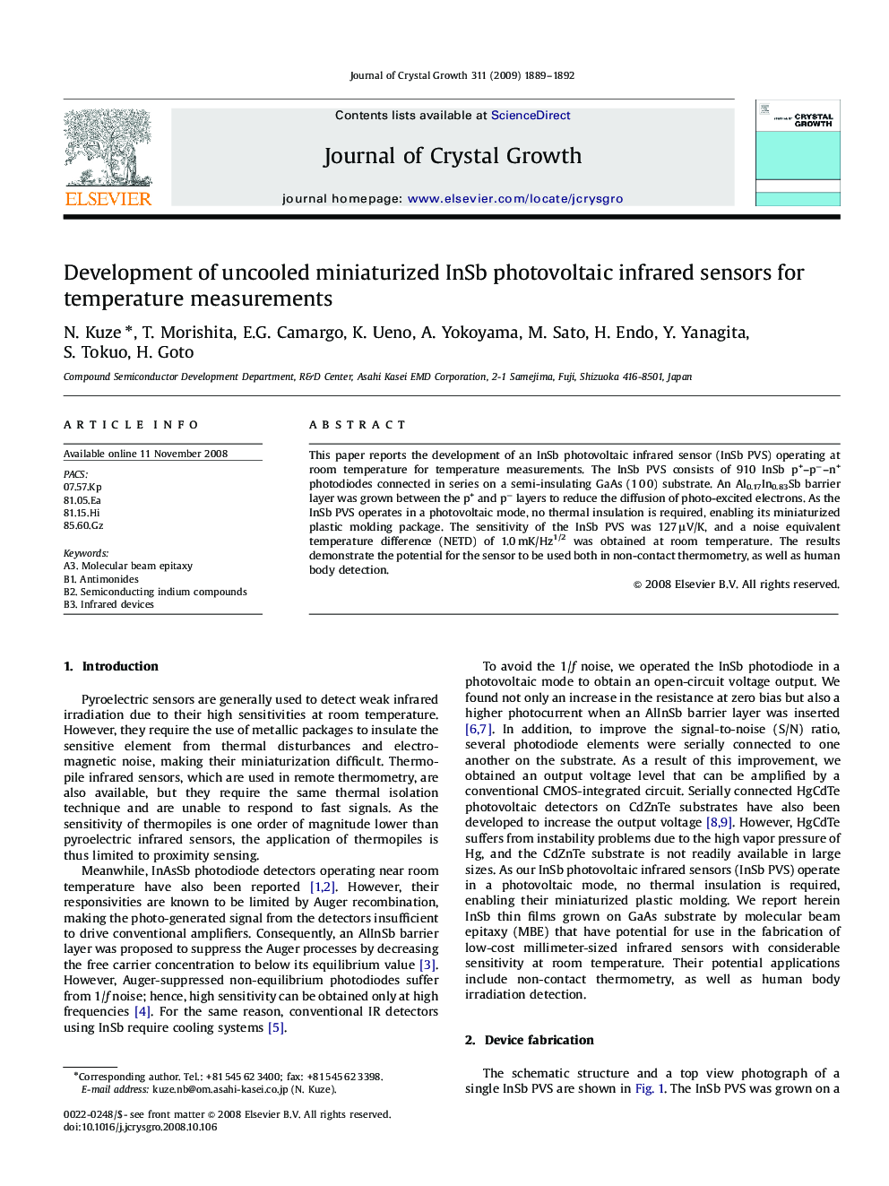 Development of uncooled miniaturized InSb photovoltaic infrared sensors for temperature measurements