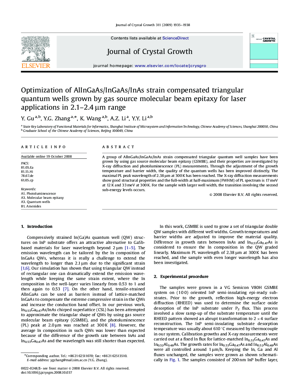 Optimization of AlInGaAs/InGaAs/InAs strain compensated triangular quantum wells grown by gas source molecular beam epitaxy for laser applications in 2.1-2.4Â Î¼m range