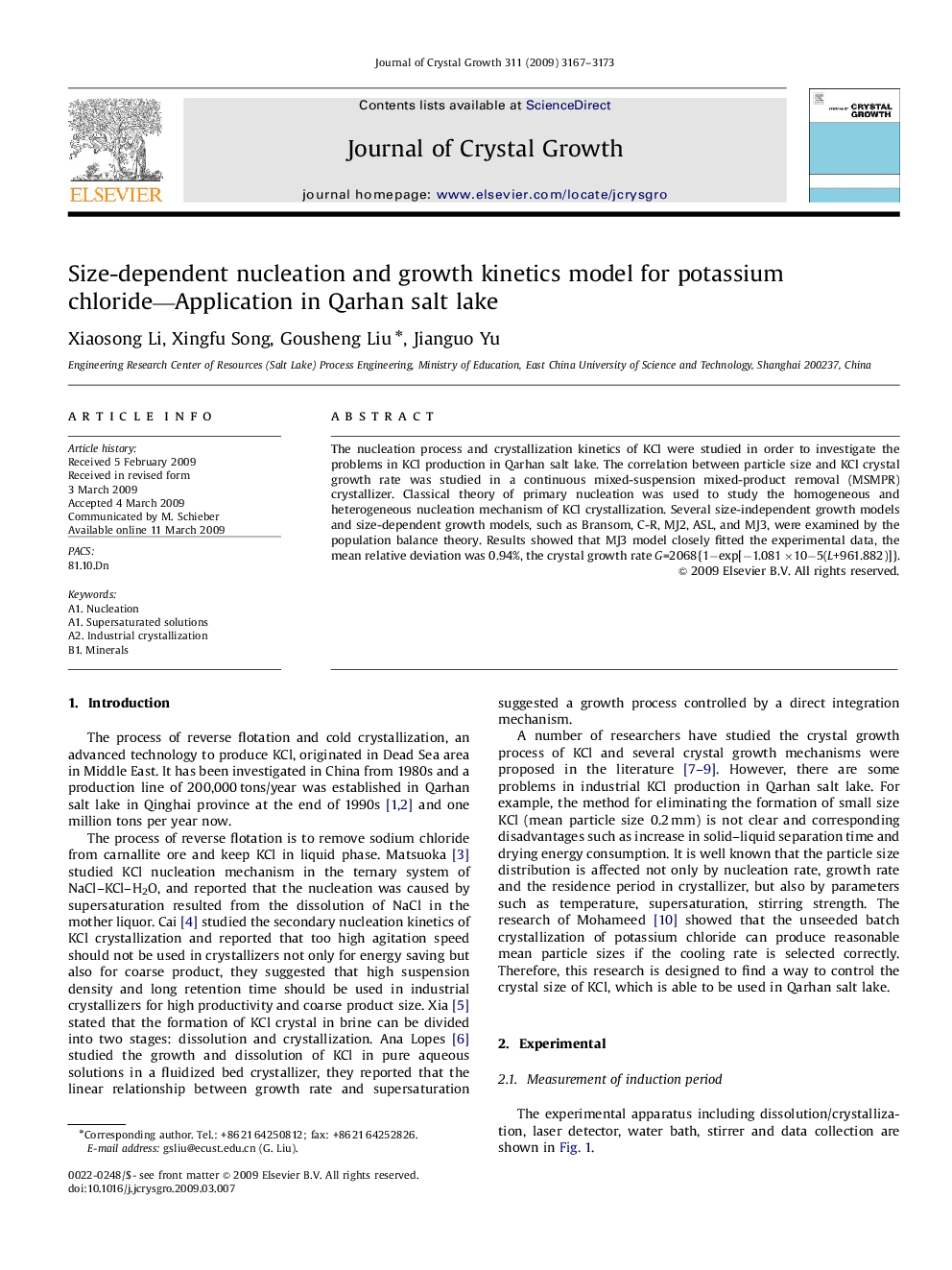 Size-dependent nucleation and growth kinetics model for potassium chloride—Application in Qarhan salt lake