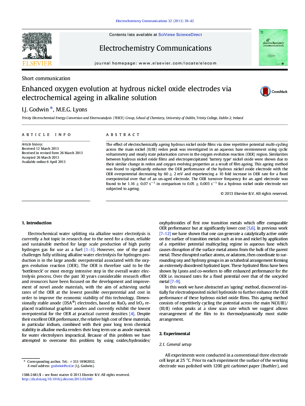 Enhanced oxygen evolution at hydrous nickel oxide electrodes via electrochemical ageing in alkaline solution