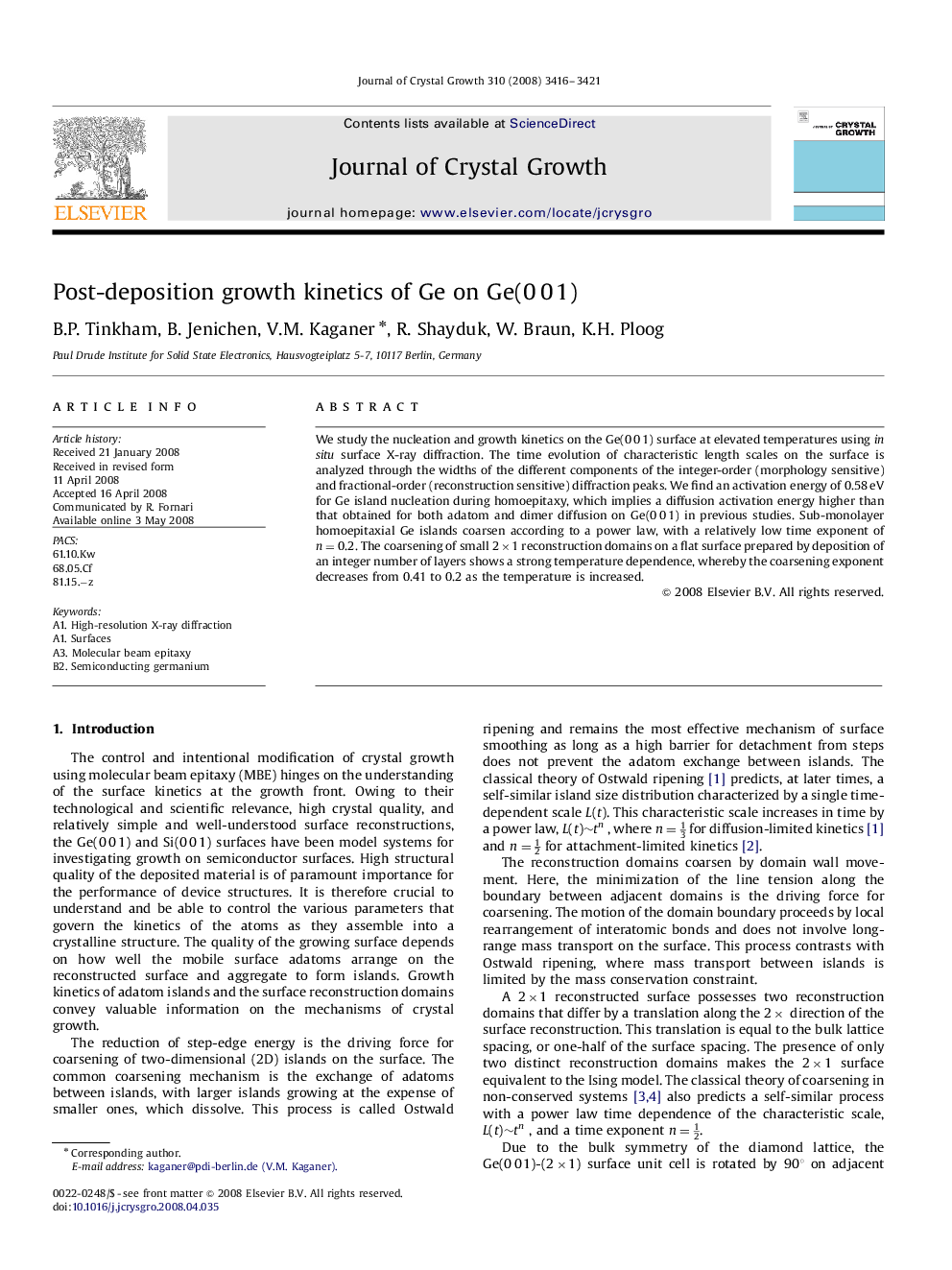 Post-deposition growth kinetics of Ge on Ge(0 0 1)