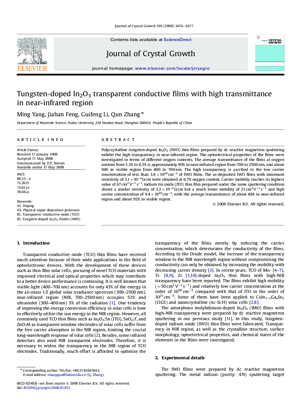 Tungsten-doped In2O3 transparent conductive films with high transmittance in near-infrared region