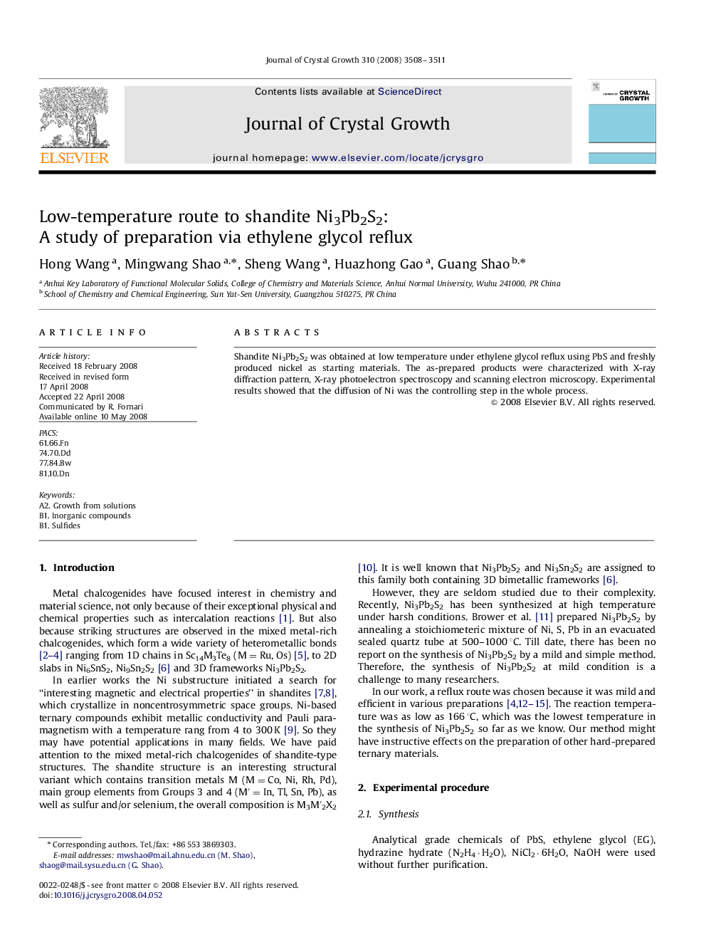 Low-temperature route to shandite Ni3Pb2S2: A study of preparation via ethylene glycol reflux