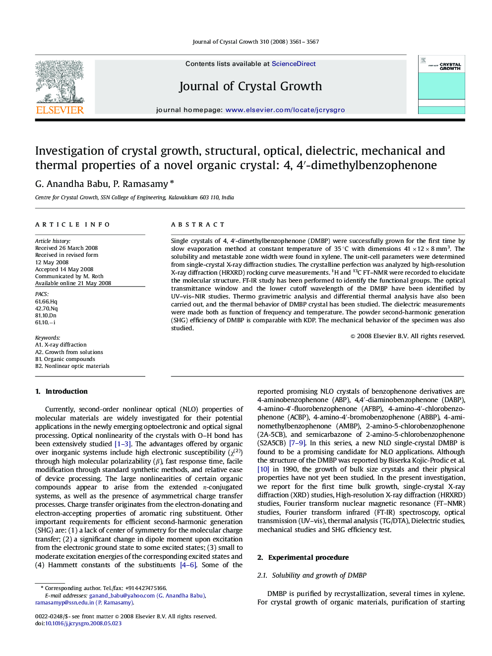 Investigation of crystal growth, structural, optical, dielectric, mechanical and thermal properties of a novel organic crystal: 4, 4′-dimethylbenzophenone