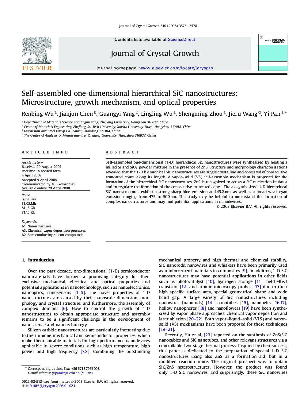 Self-assembled one-dimensional hierarchical SiC nanostructures: Microstructure, growth mechanism, and optical properties