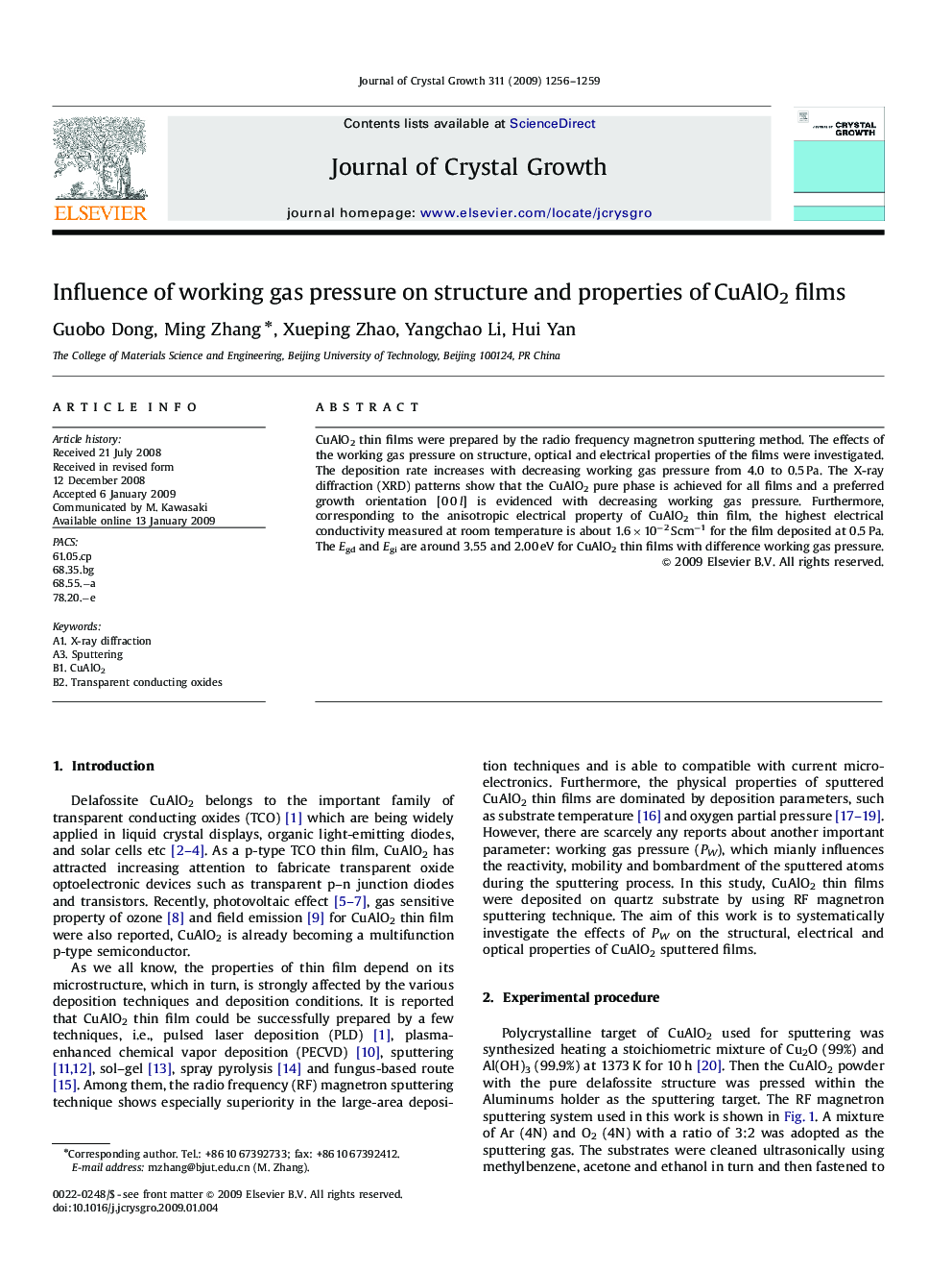 Influence of working gas pressure on structure and properties of CuAlO2 films