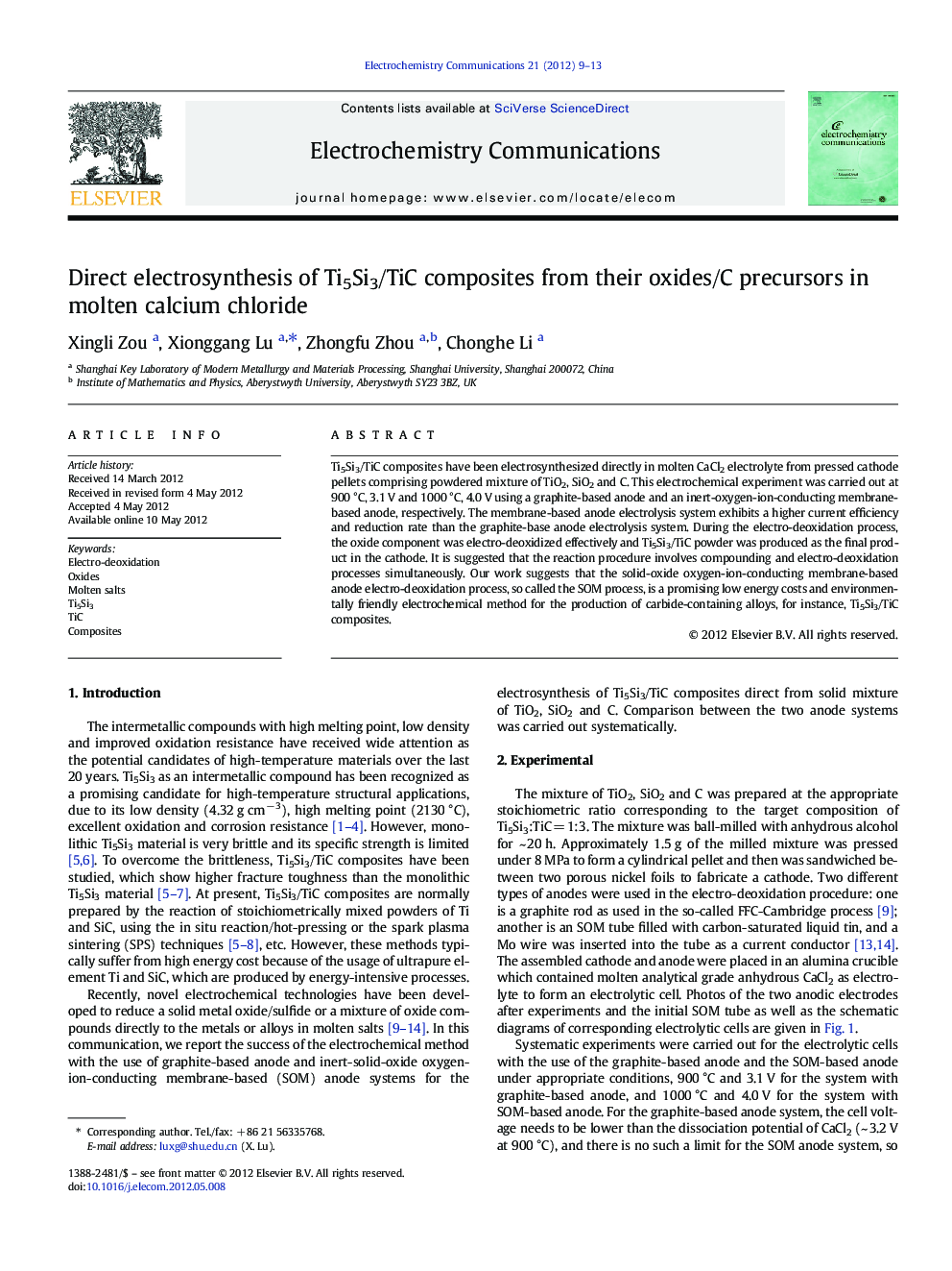 Direct electrosynthesis of Ti5Si3/TiC composites from their oxides/C precursors in molten calcium chloride