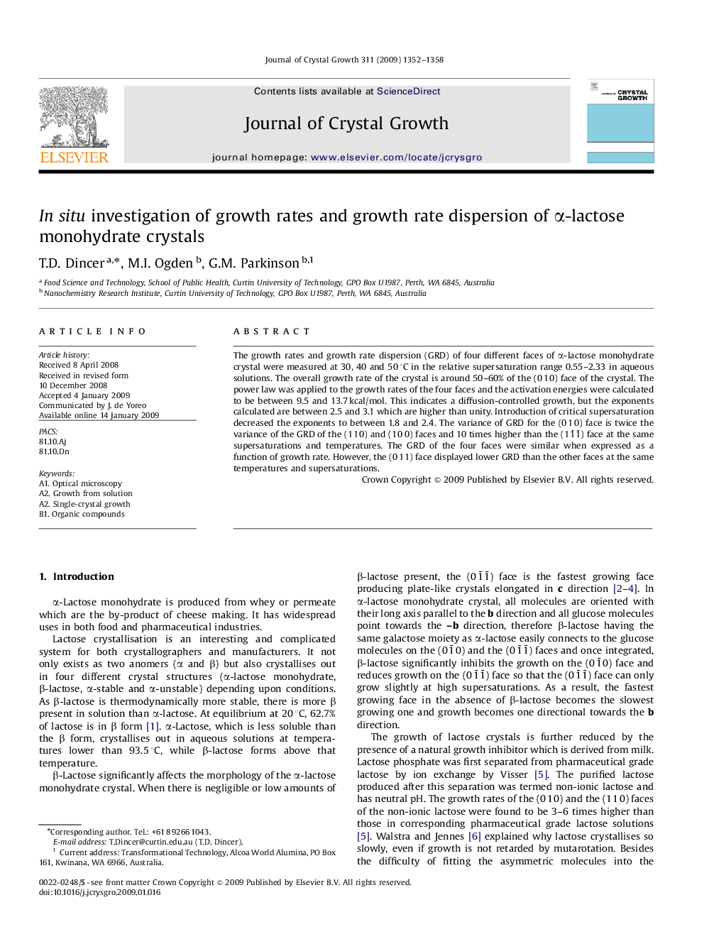 In situ investigation of growth rates and growth rate dispersion of Î±-lactose monohydrate crystals