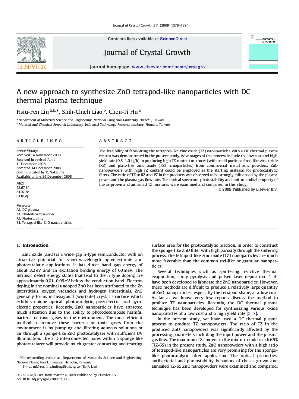 A new approach to synthesize ZnO tetrapod-like nanoparticles with DC thermal plasma technique