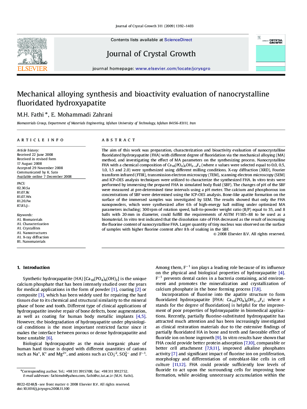 Mechanical alloying synthesis and bioactivity evaluation of nanocrystalline fluoridated hydroxyapatite