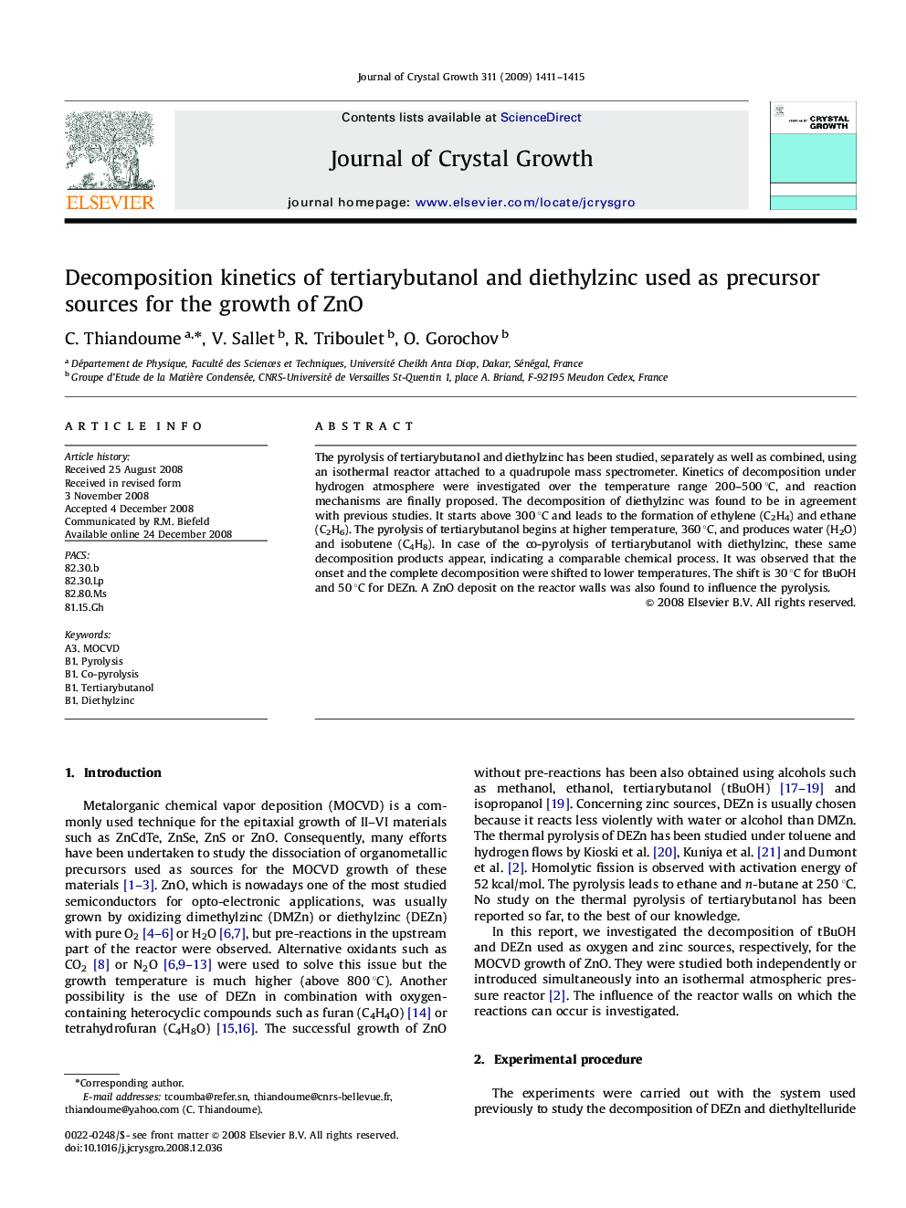 Decomposition kinetics of tertiarybutanol and diethylzinc used as precursor sources for the growth of ZnO