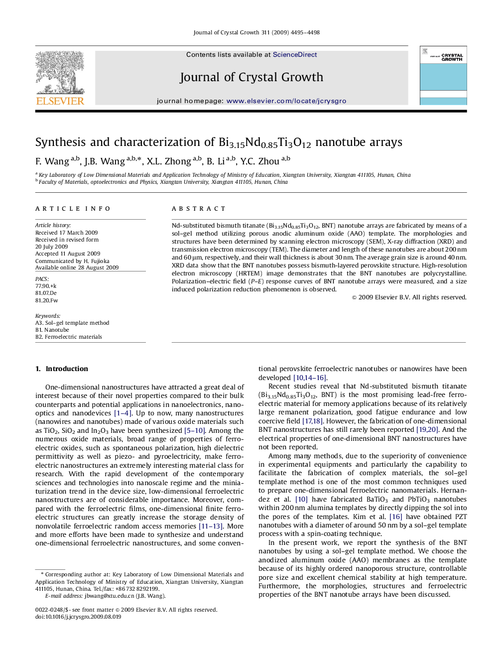 Synthesis and characterization of Bi3.15Nd0.85Ti3O12 nanotube arrays