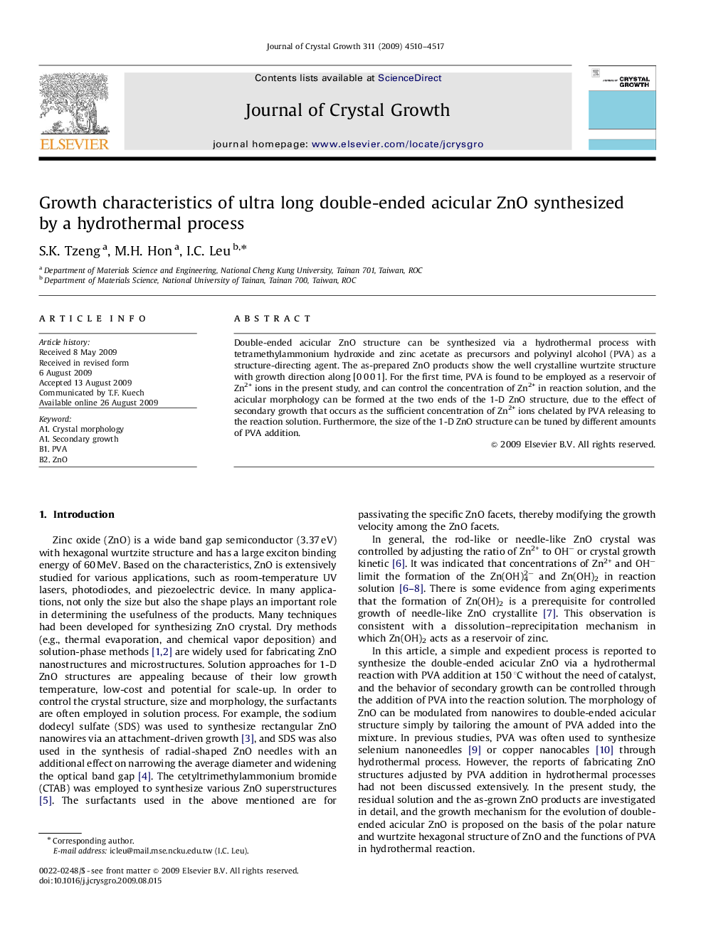 Growth characteristics of ultra long double-ended acicular ZnO synthesized by a hydrothermal process
