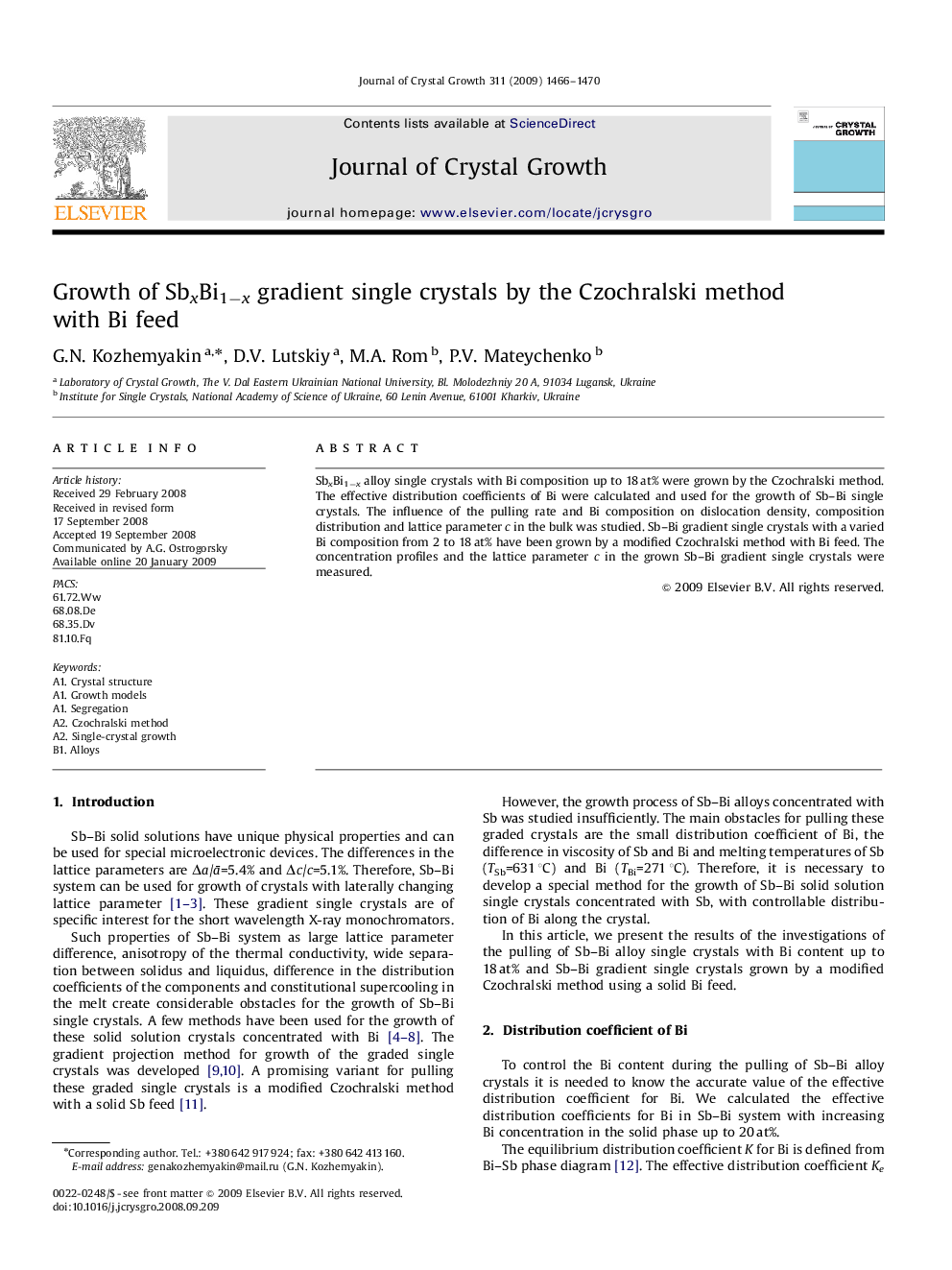 Growth of SbxBi1âx gradient single crystals by the Czochralski method with Bi feed