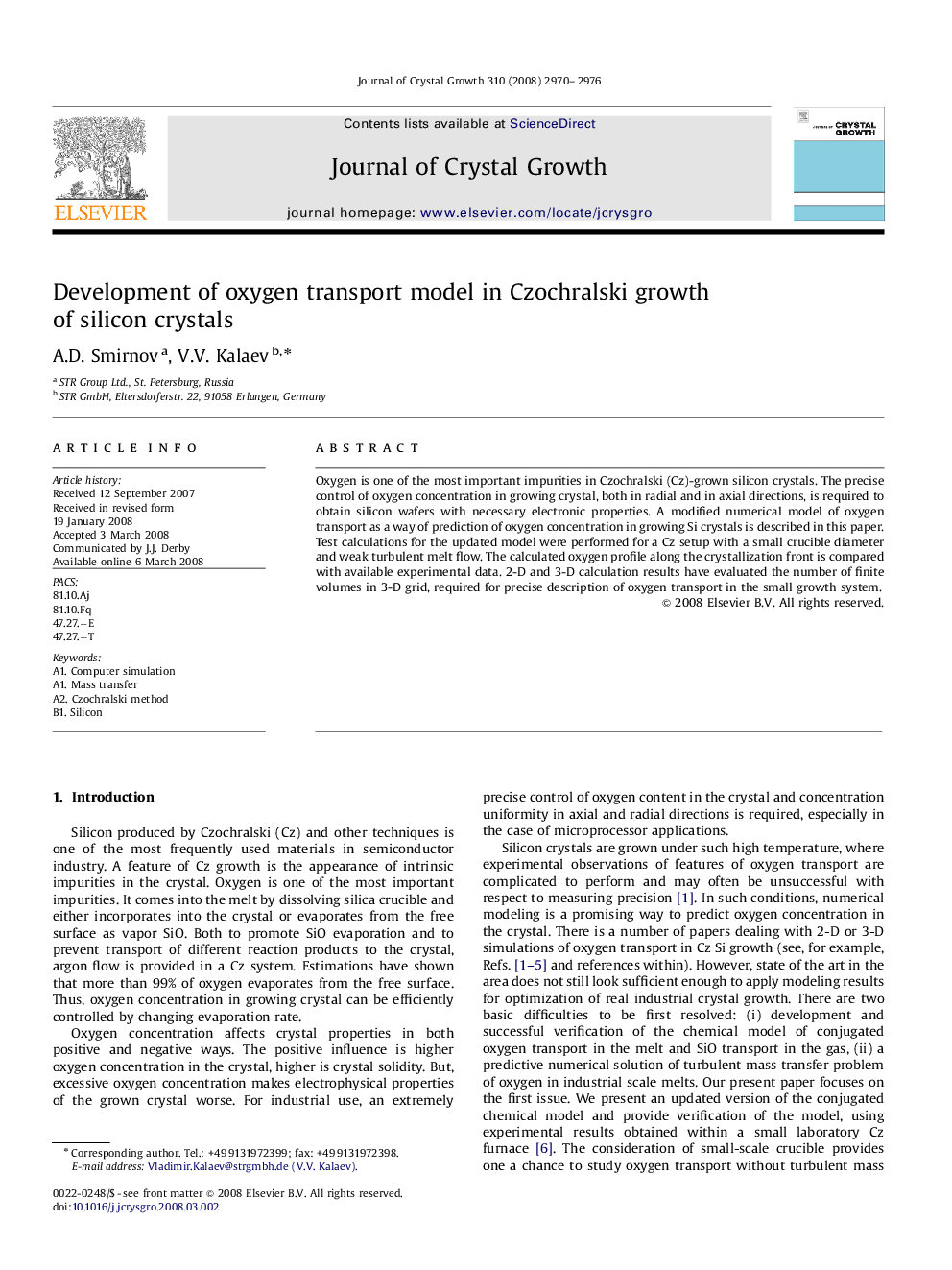 Development of oxygen transport model in Czochralski growth of silicon crystals