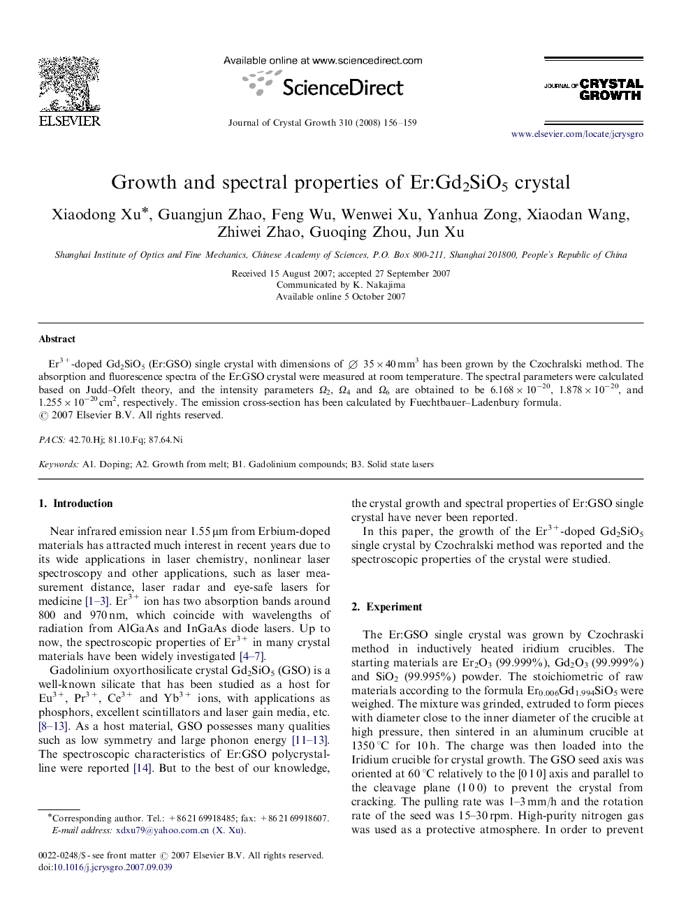 Growth and spectral properties of Er:Gd2SiO5 crystal