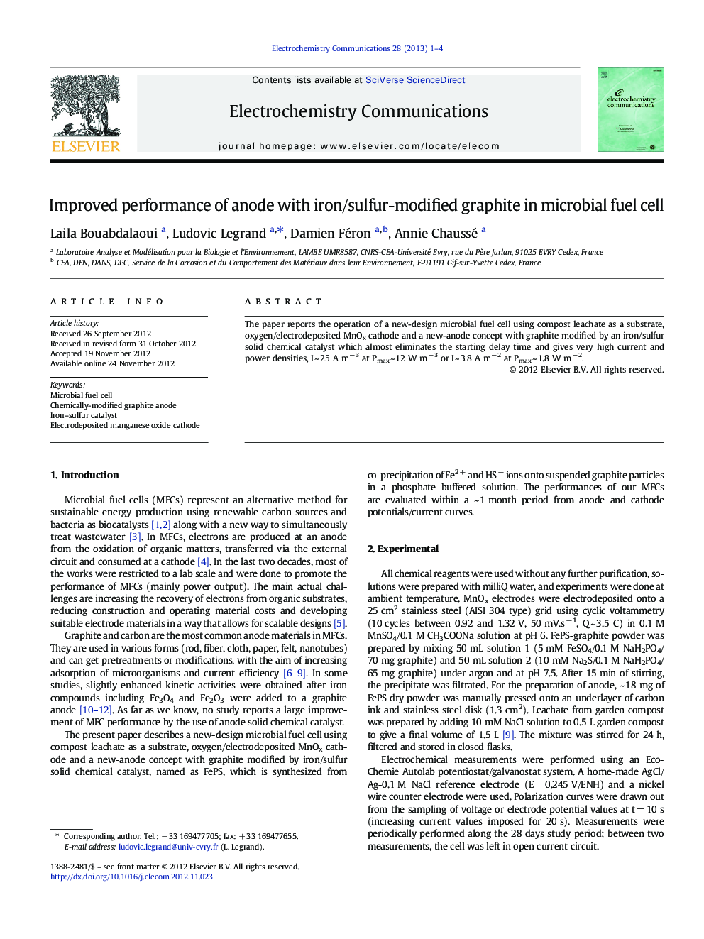 Improved performance of anode with iron/sulfur-modified graphite in microbial fuel cell