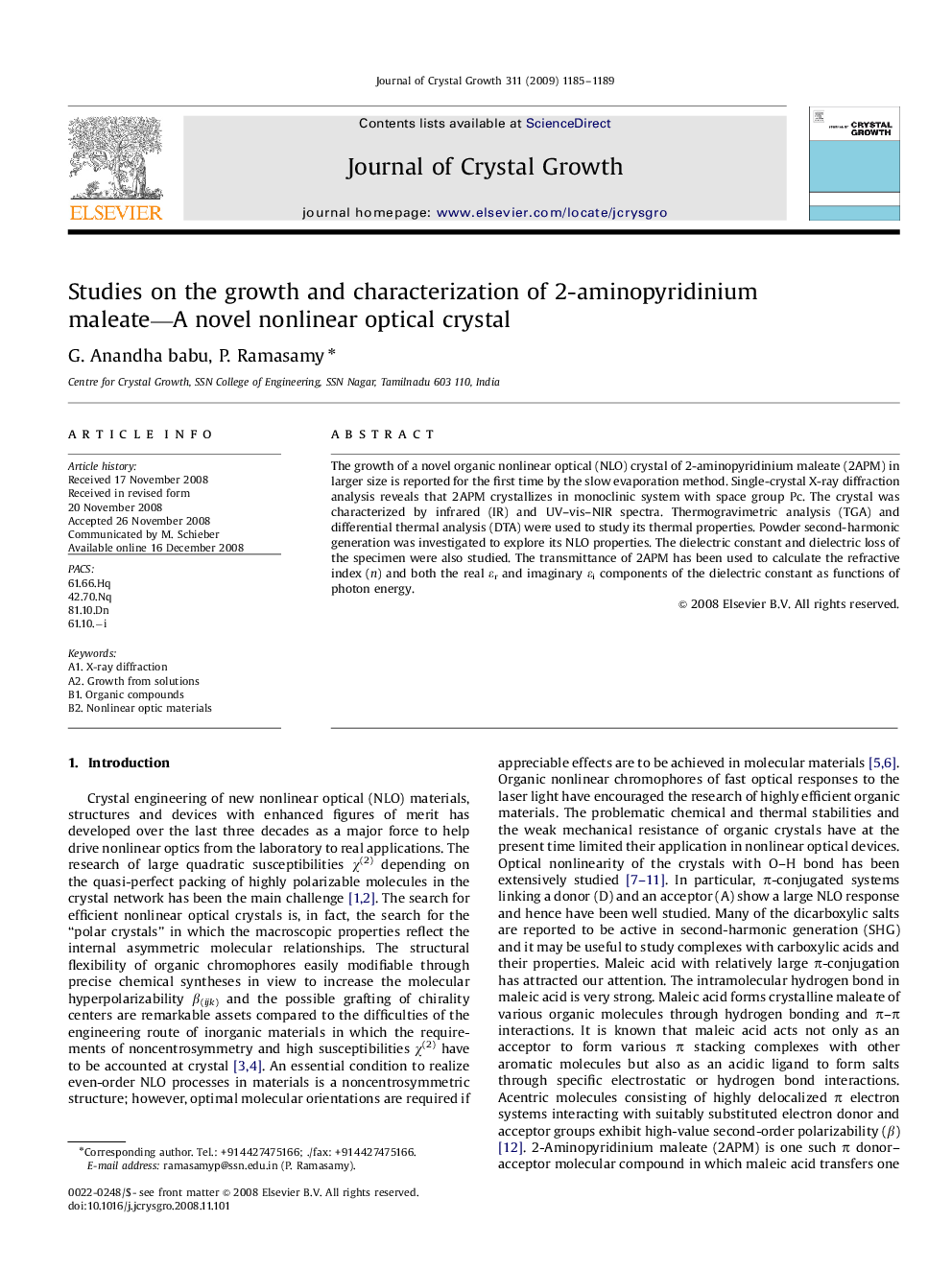 Studies on the growth and characterization of 2-aminopyridinium maleate—A novel nonlinear optical crystal