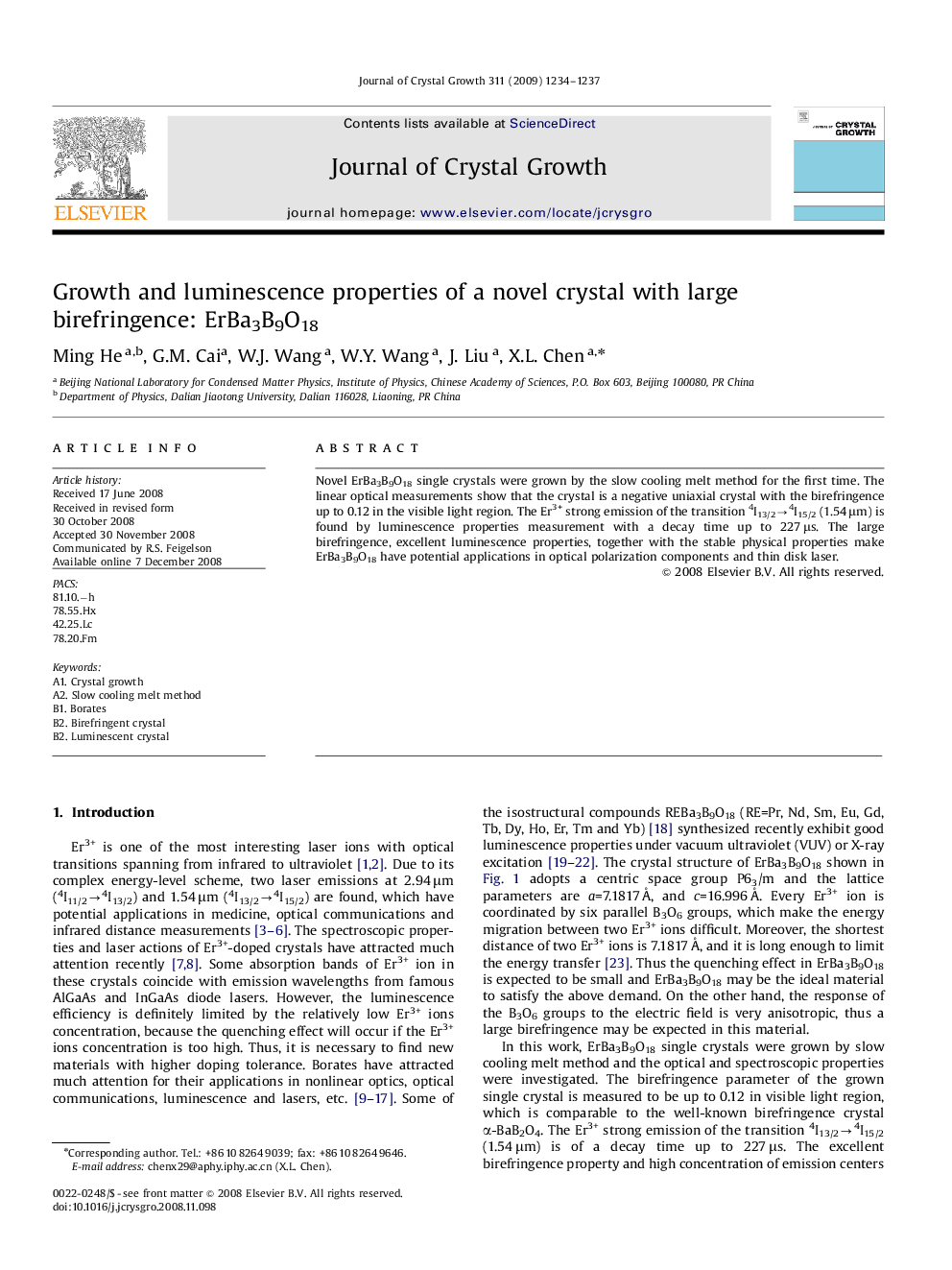 Growth and luminescence properties of a novel crystal with large birefringence: ErBa3B9O18