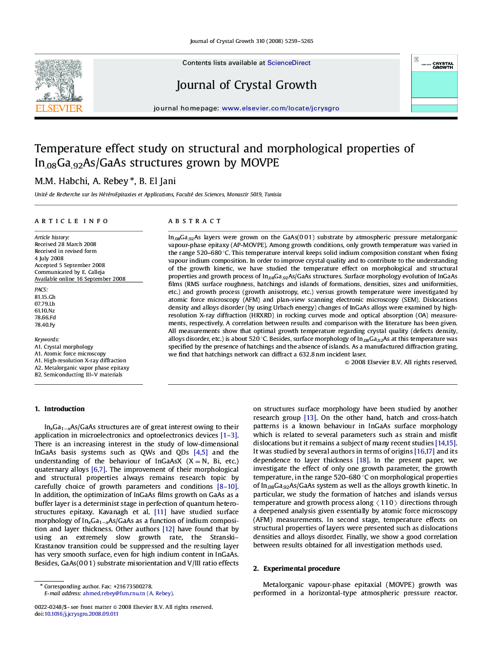 Temperature effect study on structural and morphological properties of In.08Ga.92As/GaAs structures grown by MOVPE