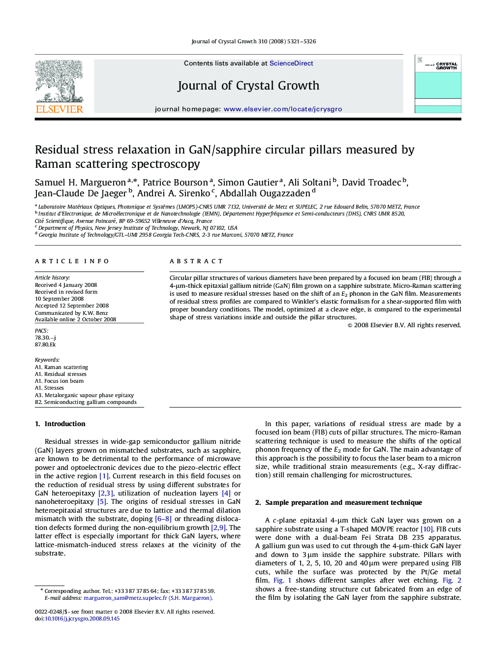 Residual stress relaxation in GaN/sapphire circular pillars measured by Raman scattering spectroscopy