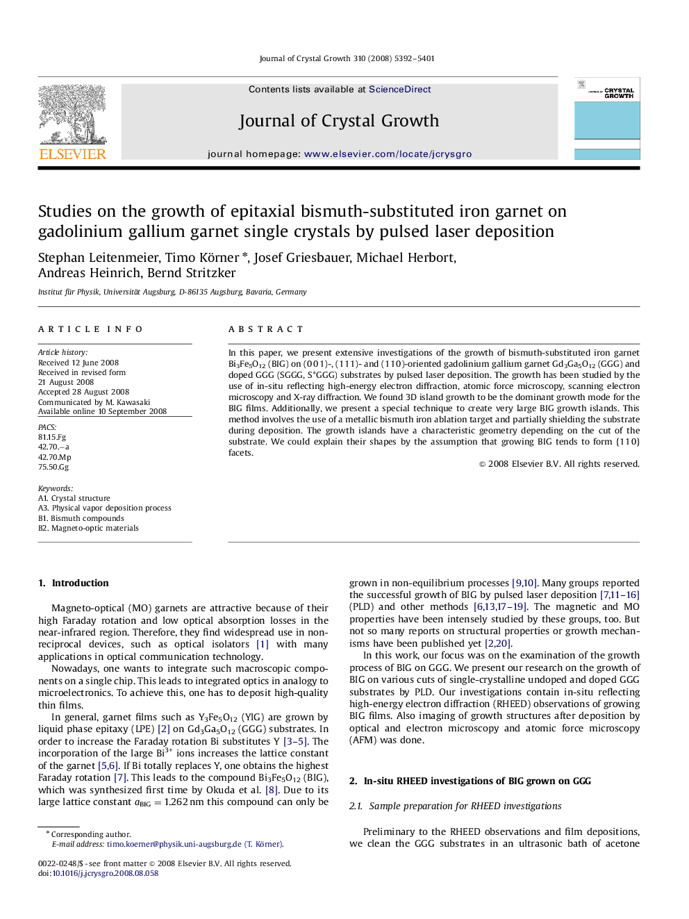 Studies on the growth of epitaxial bismuth-substituted iron garnet on gadolinium gallium garnet single crystals by pulsed laser deposition