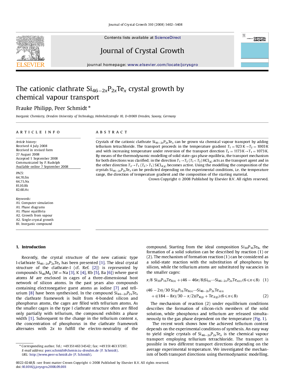 عکس صفحه اول مقاله: The cationic clathrate Si46â2xP2xTex crystal growth by chemical vapour transport The cationic clathrate Si46â2xP2xTex crystal growth by chemical vapour transport