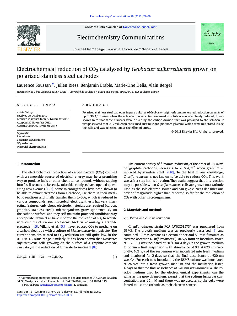 Electrochemical reduction of CO2 catalysed by Geobacter sulfurreducens grown on polarized stainless steel cathodes