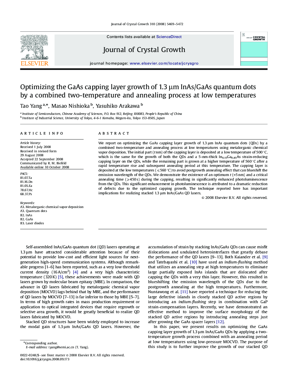 Optimizing the GaAs capping layer growth of 1.3Â Î¼m InAs/GaAs quantum dots by a combined two-temperature and annealing process at low temperatures