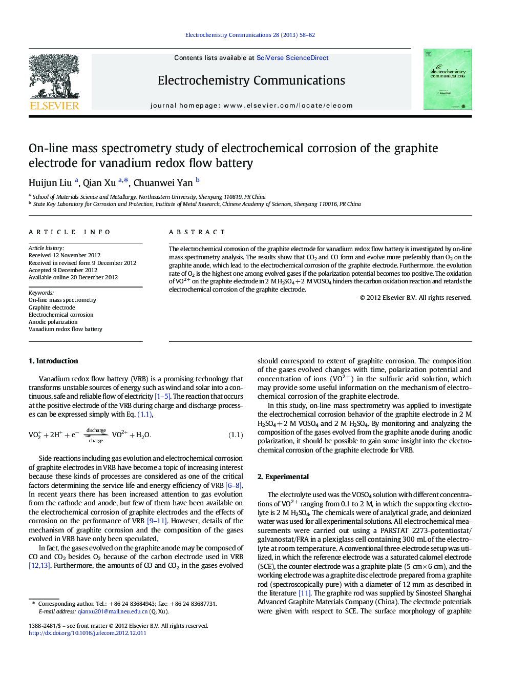 On-line mass spectrometry study of electrochemical corrosion of the graphite electrode for vanadium redox flow battery